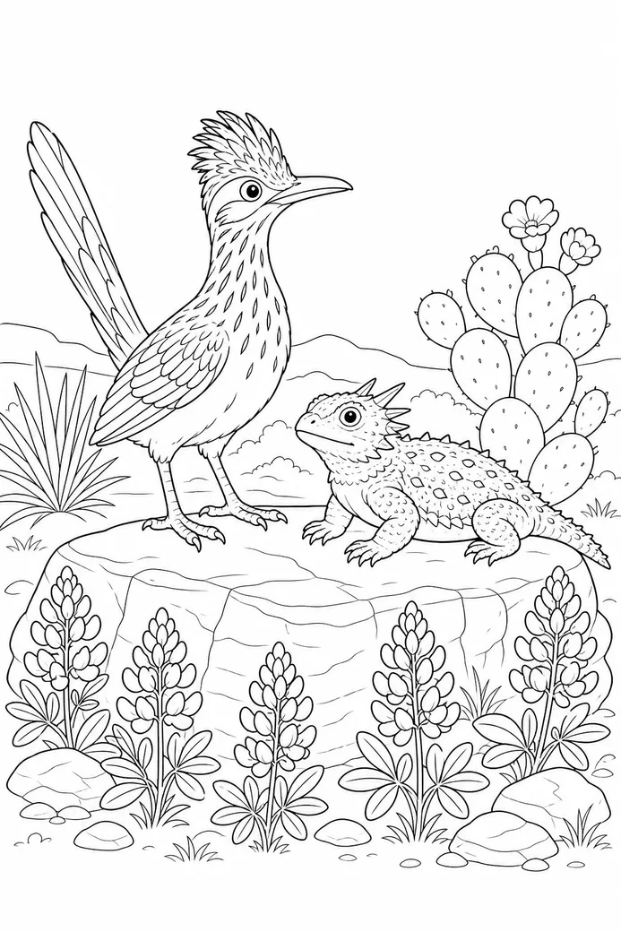 Sample coloring page 1 from Bluebonnet Buddies: A roadrunner and a Texas horned lizard rest side by side on a flat rock in the brush country, with bluebonnets growing a