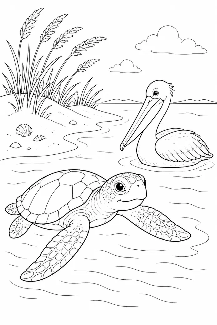Sample coloring page 2 from Bluebonnet Buddies: A Kemp's ridley sea turtle paddles in shallow water beside a brown pelican floating nearby, with a sandy shore and sea o