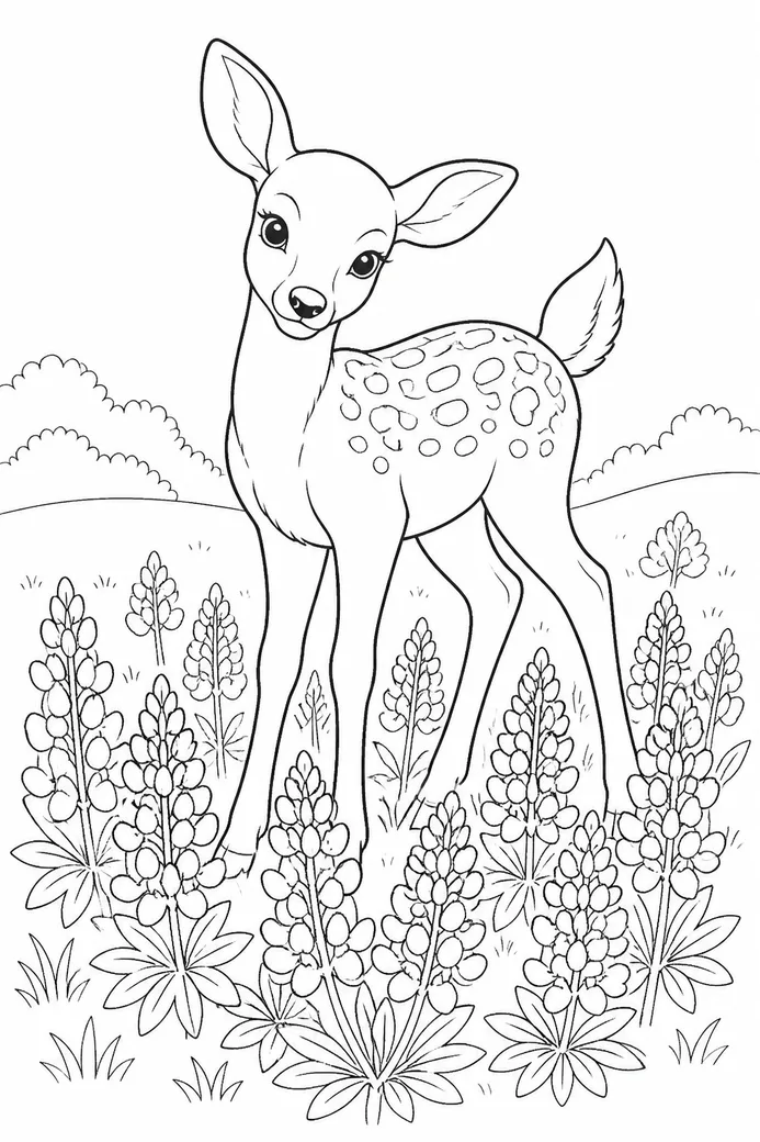 Sample coloring page 3 from Bluebonnet Buddies: A white-tailed fawn stands in a meadow with its head tilted and one ear forward, with bluebonnets all around its legs.