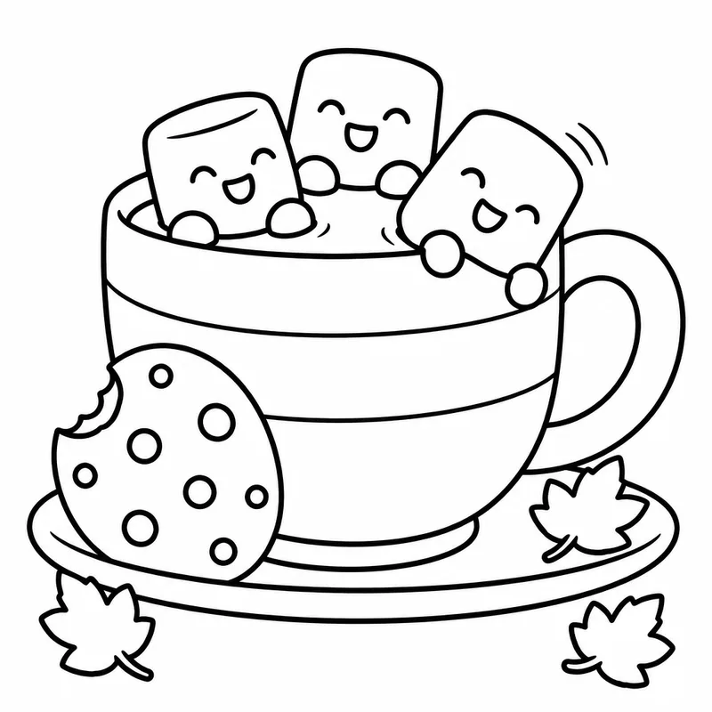 Sample coloring page 1 from Simple Seasons: Fall: A big round mug of cocoa topped with three laughing marshmallows, one sliding off the rim, sits on a saucer. A cookie wi