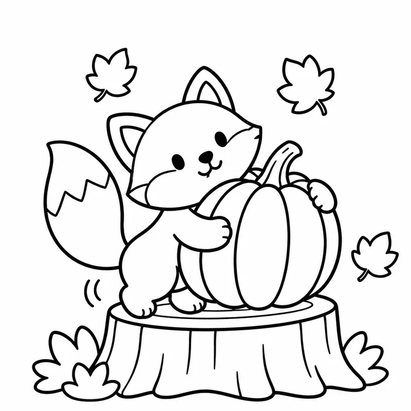 Sample coloring page 2 from Simple Seasons: Fall: A fox cub tiptoes along carrying a plump pumpkin on its back, its white tail tip held high. It looks proud and a little 