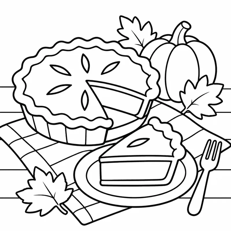 Sample coloring page 3 from Simple Seasons: Fall: A pie with a few bold slits in the crust sits on a tabletop, one slice already lifted out onto a plate. A fork waits bes