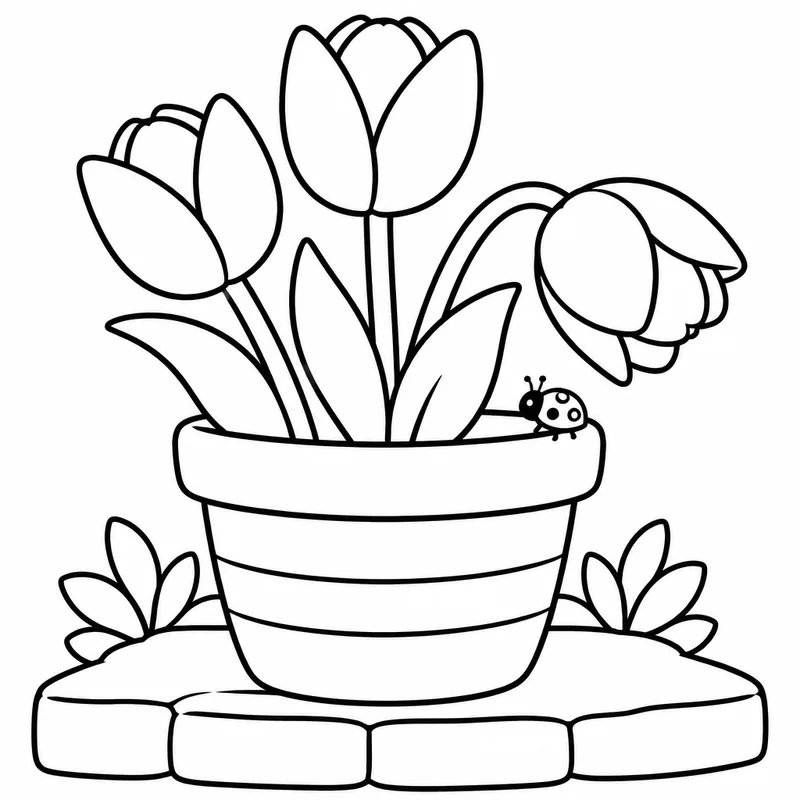 Sample coloring page 1 from Simple Seasons: Spring: Three big tulips in a round flower pot on a stone garden step, with one tulip bending over to look at a small ladybug on