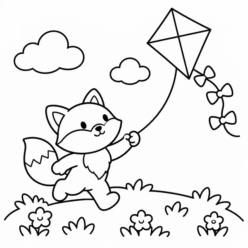 Sample coloring page 2 from Simple Seasons: Spring: Freeman Fox running mid-stride across a grass mound, holding a kite string and looking up at a big diamond kite with a b