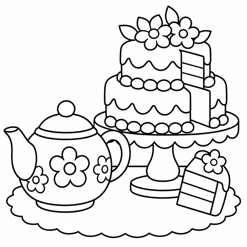 Sample coloring page 3 from Simple Seasons: Spring: A round teapot and a two-tier cake on a cake stand, seen at tabletop level. A single small slice has been cut and left l