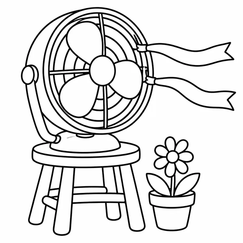 Sample coloring page 1 from Simple Seasons: Summer: A big round box fan on a wooden stool, its three wide blades behind a simple guard of a few bold rings, with two ribbon 