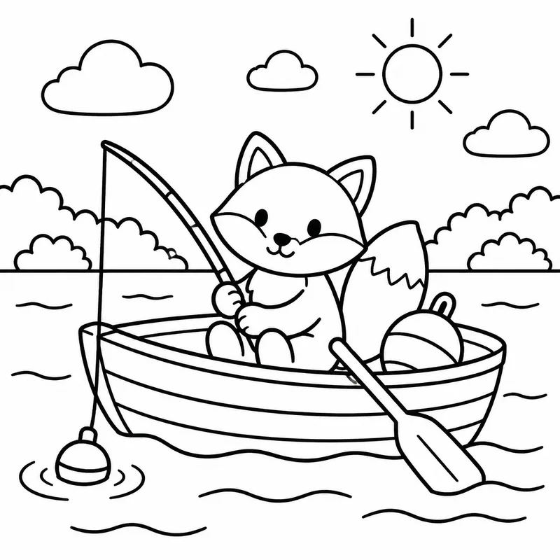 Sample coloring page 2 from Simple Seasons: Summer: Freeman Fox sits in a little rowboat on calm water, holding a fishing pole with a lazy tilt, a bright buoy resting besid