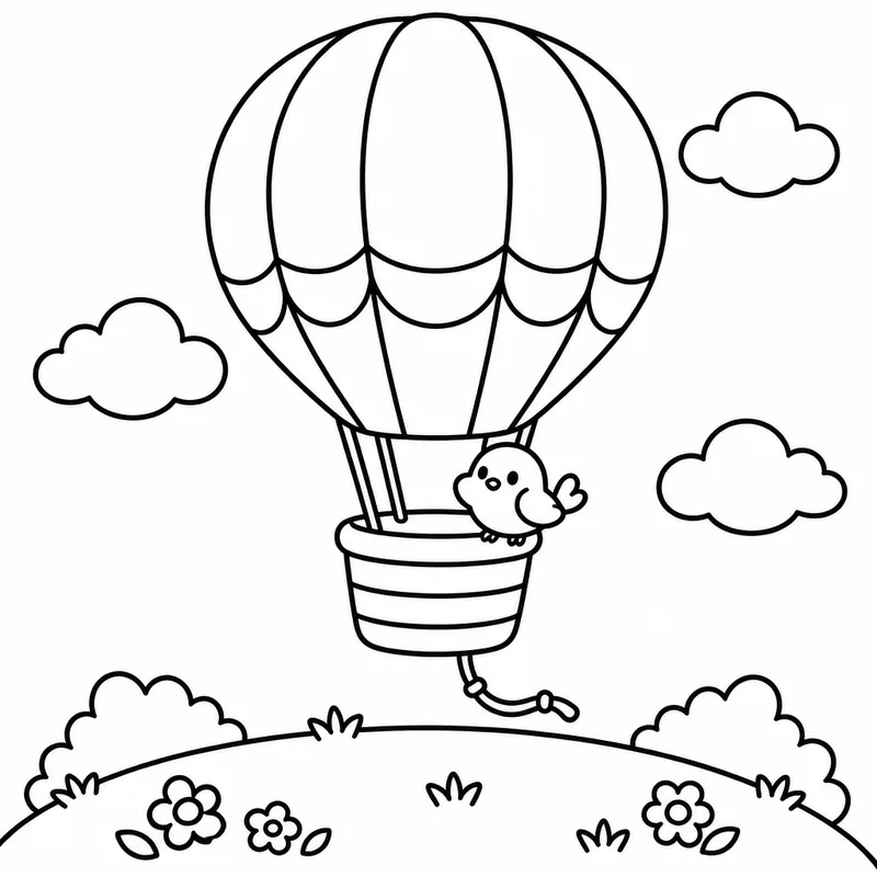 Sample coloring page 3 from Simple Seasons: Summer: A hot-air balloon with big bold panels floats just above a round grassy hill, its basket made of a few bold bands, with 
