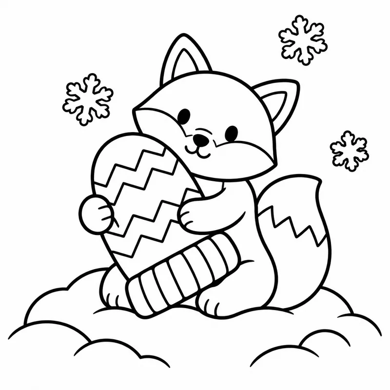 Sample coloring page 1 from Simple Seasons: Winter: Freeman Fox sits on a snowy mound hugging a giant knit mitten as if it were a pillow, his tail curled around it in one b