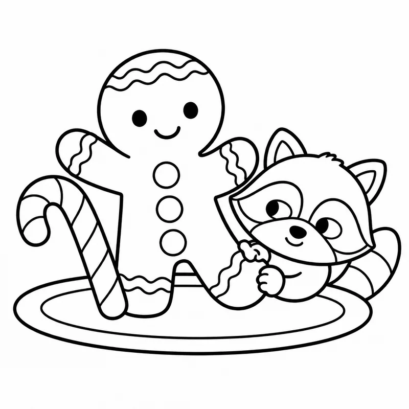 Sample coloring page 2 from Simple Seasons: Winter: A gingerbread cookie person with a happy face, standing on an oval plate with a big gumdrop button row and a candy cane 