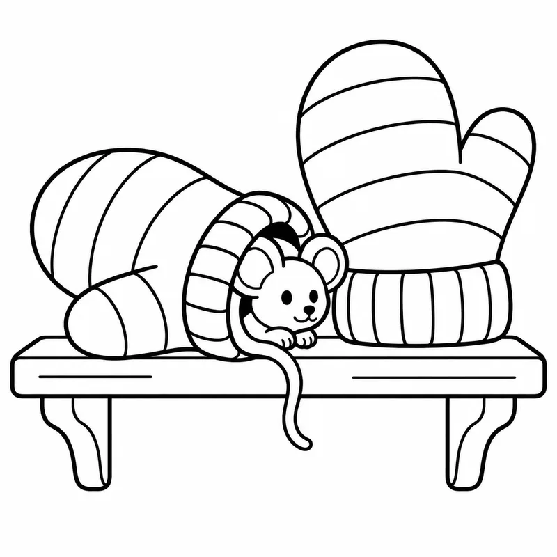 Sample coloring page 3 from Simple Seasons: Winter: A pair of big striped mittens on a shelf edge, one lying on its side with a small mouse peeking out of the thumb. Its ta